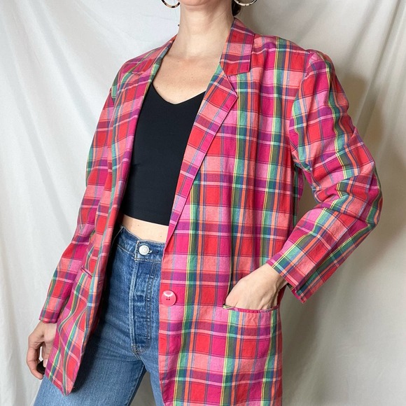 Vintage 90s rainbow plaid single breasted blazer oversized longline colorful M - Picture 15 of 17